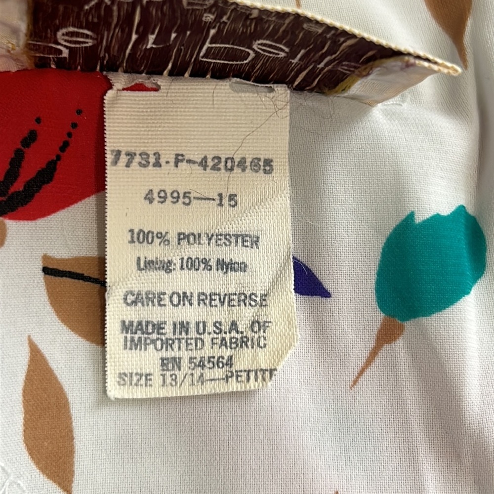 Vintage, Pellini Petites By Von Bramlett, White & Floral Print Dress, Size 13/14 - Picture 7 of 7